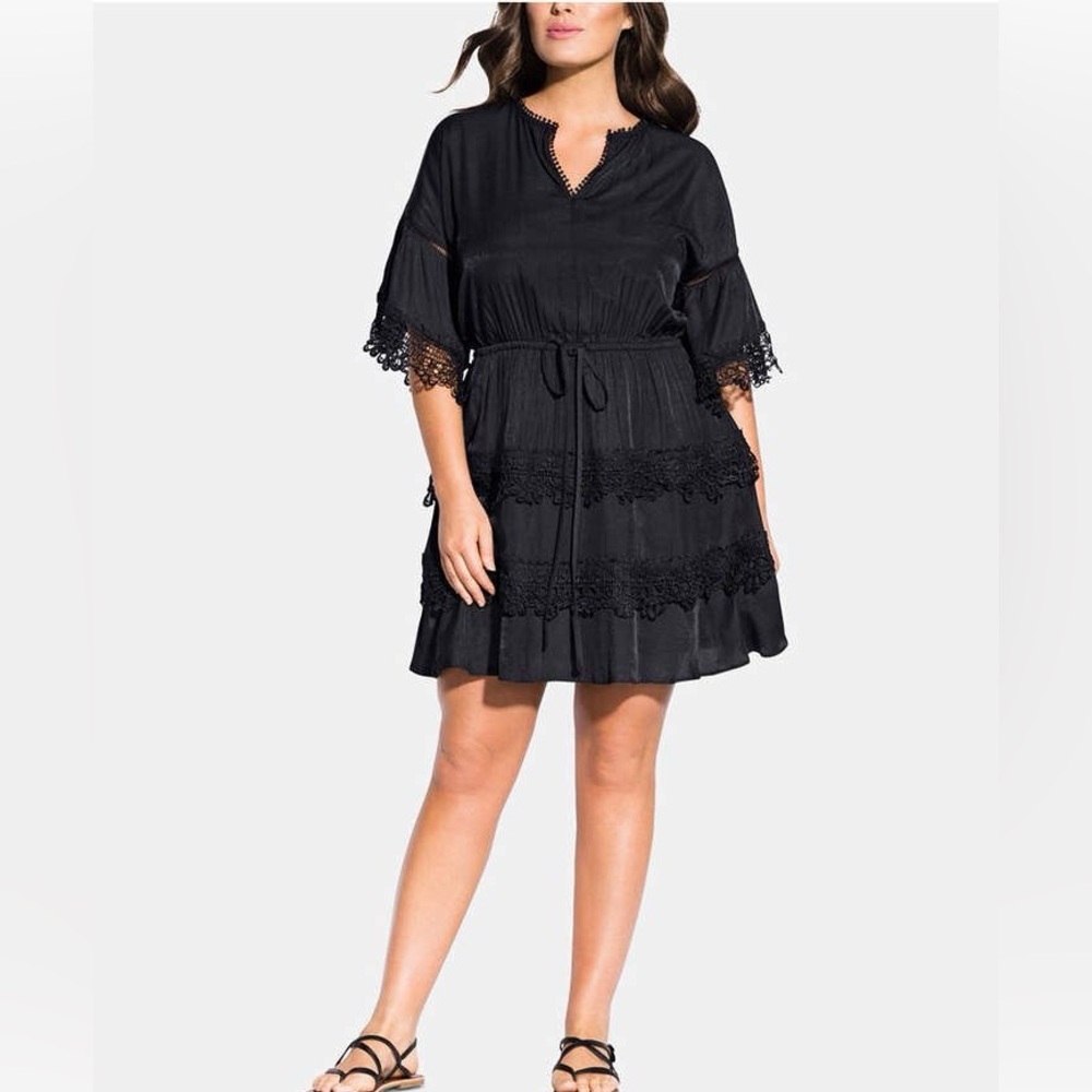 City Chic black crochet embroidered peasant dress size S 16